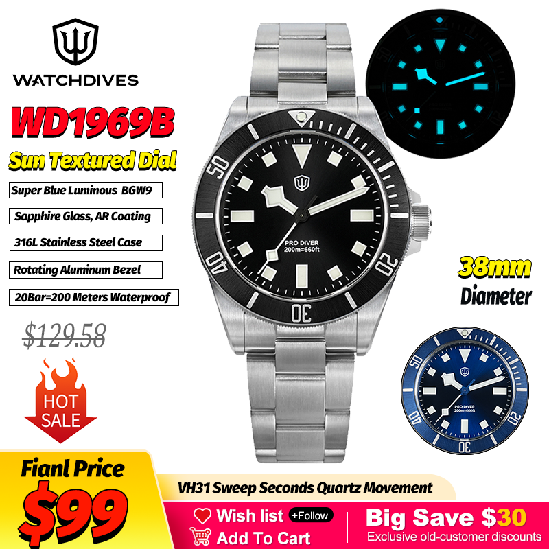 Smartwatch Luxury Watches - Watchdives WD1969 الشمس محكم موضة كوارتز